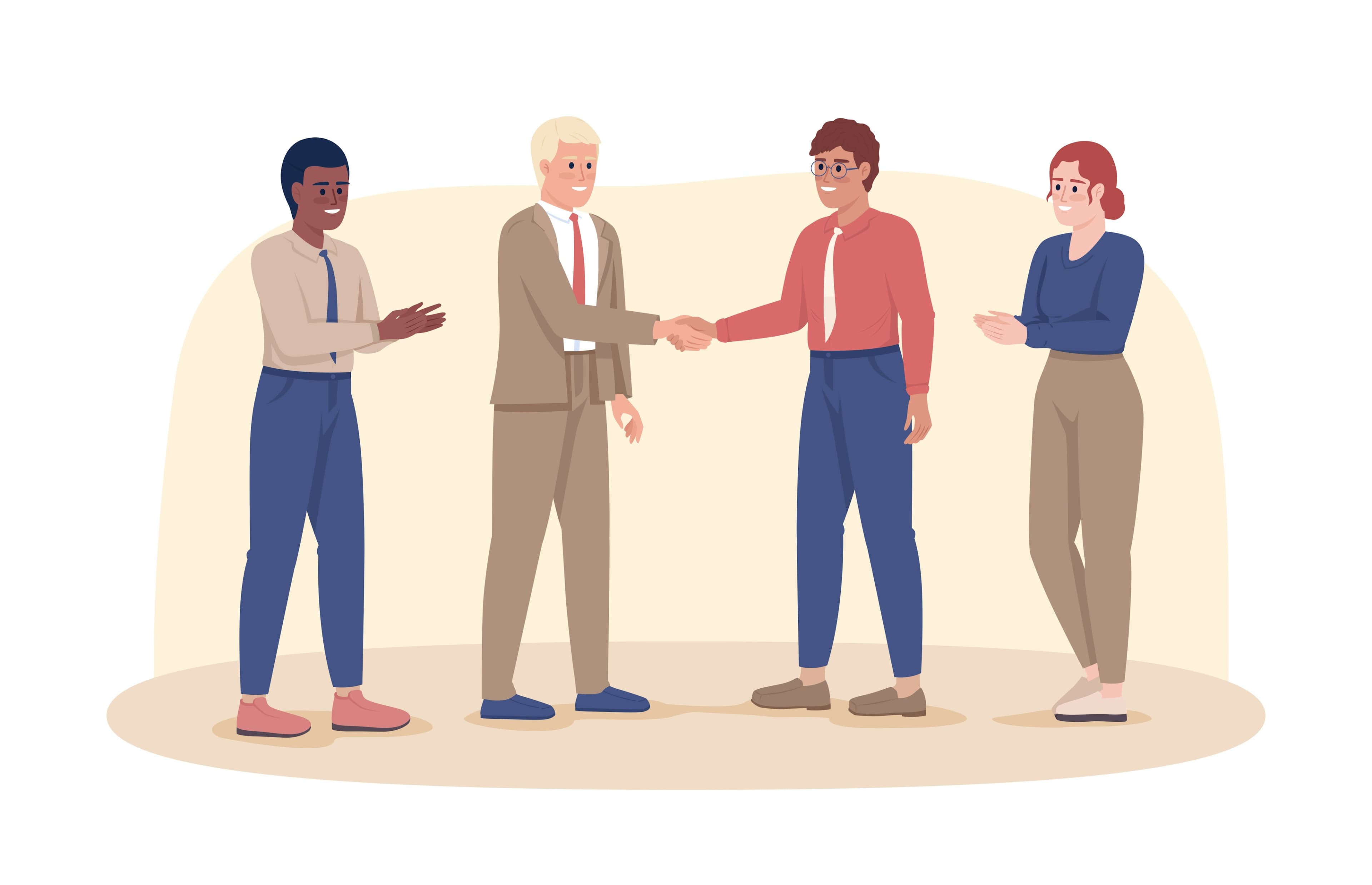 A man shaking his boss' hand while coworkers clap
