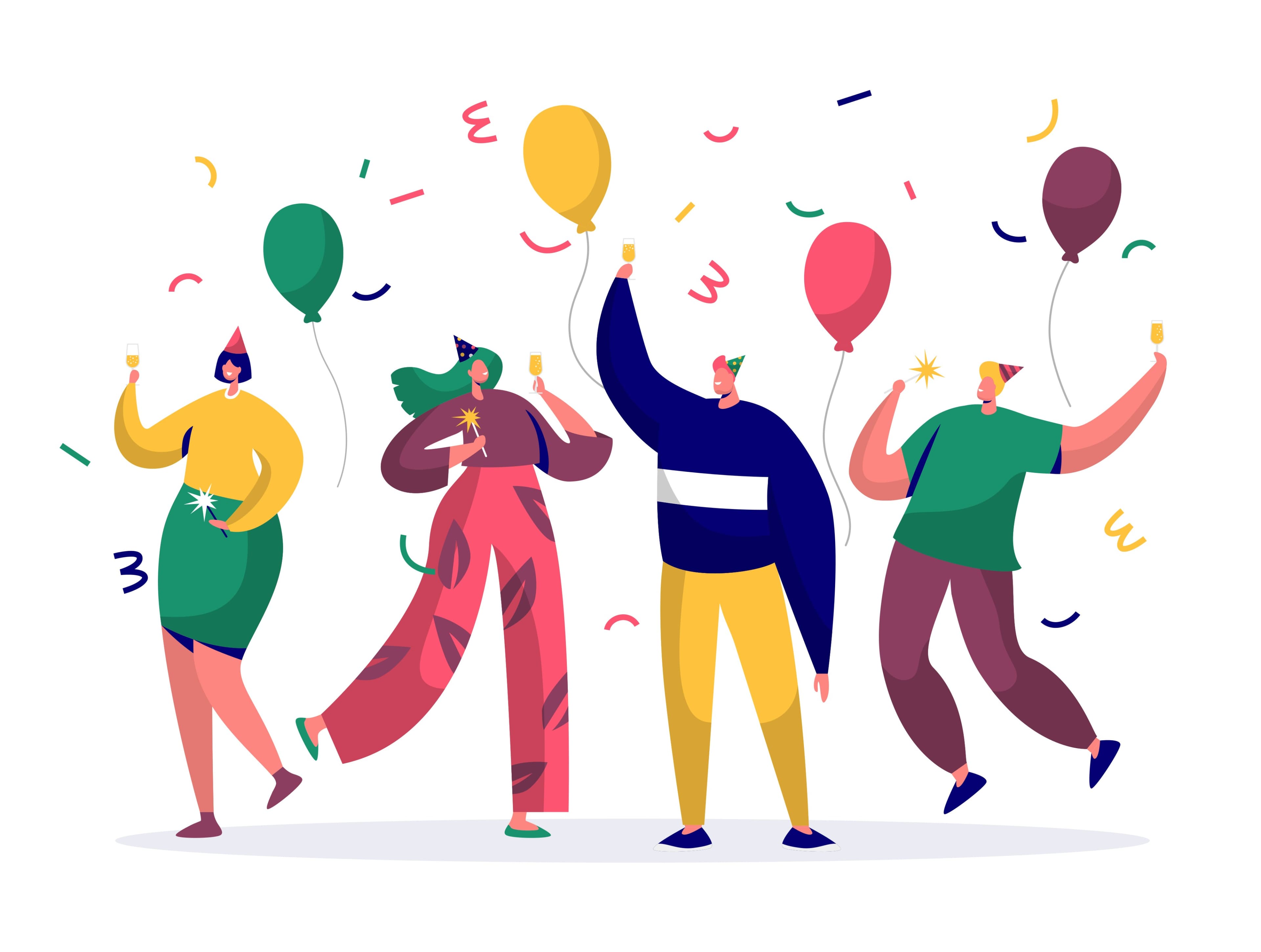 A group of joyful people celebrating a birthday with balloons and confetti