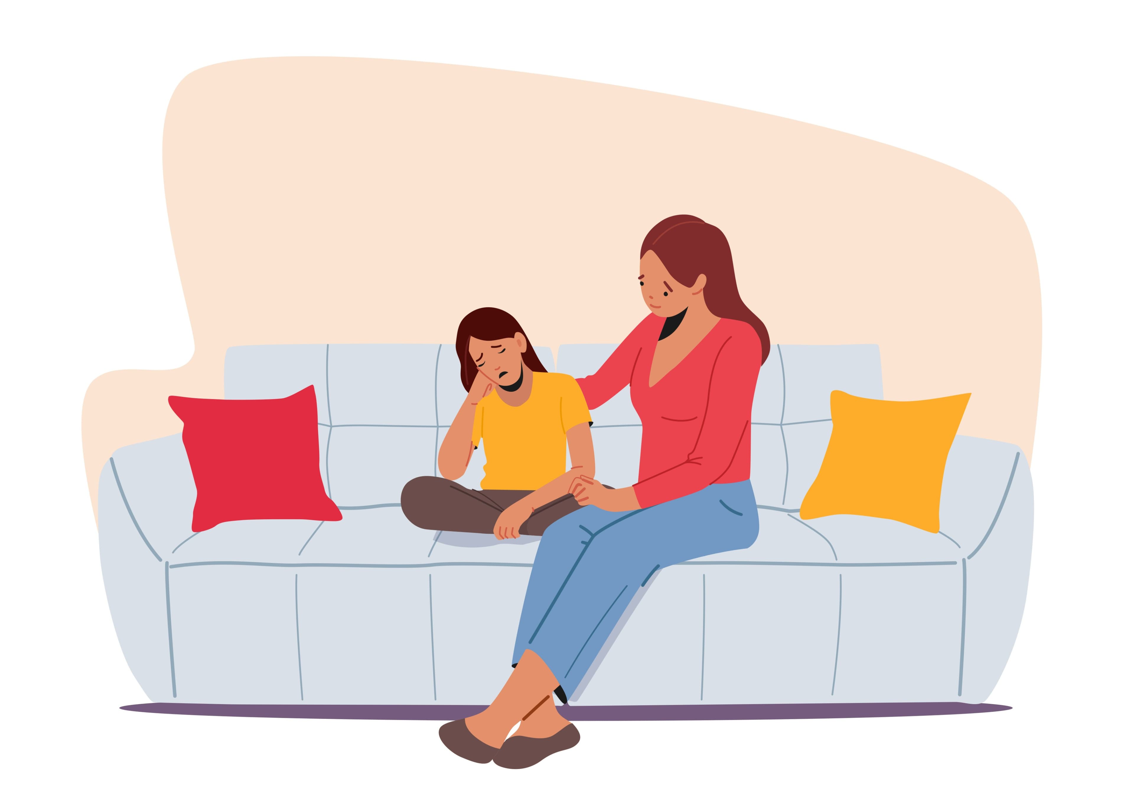 A mother consoling her daughter on a couch