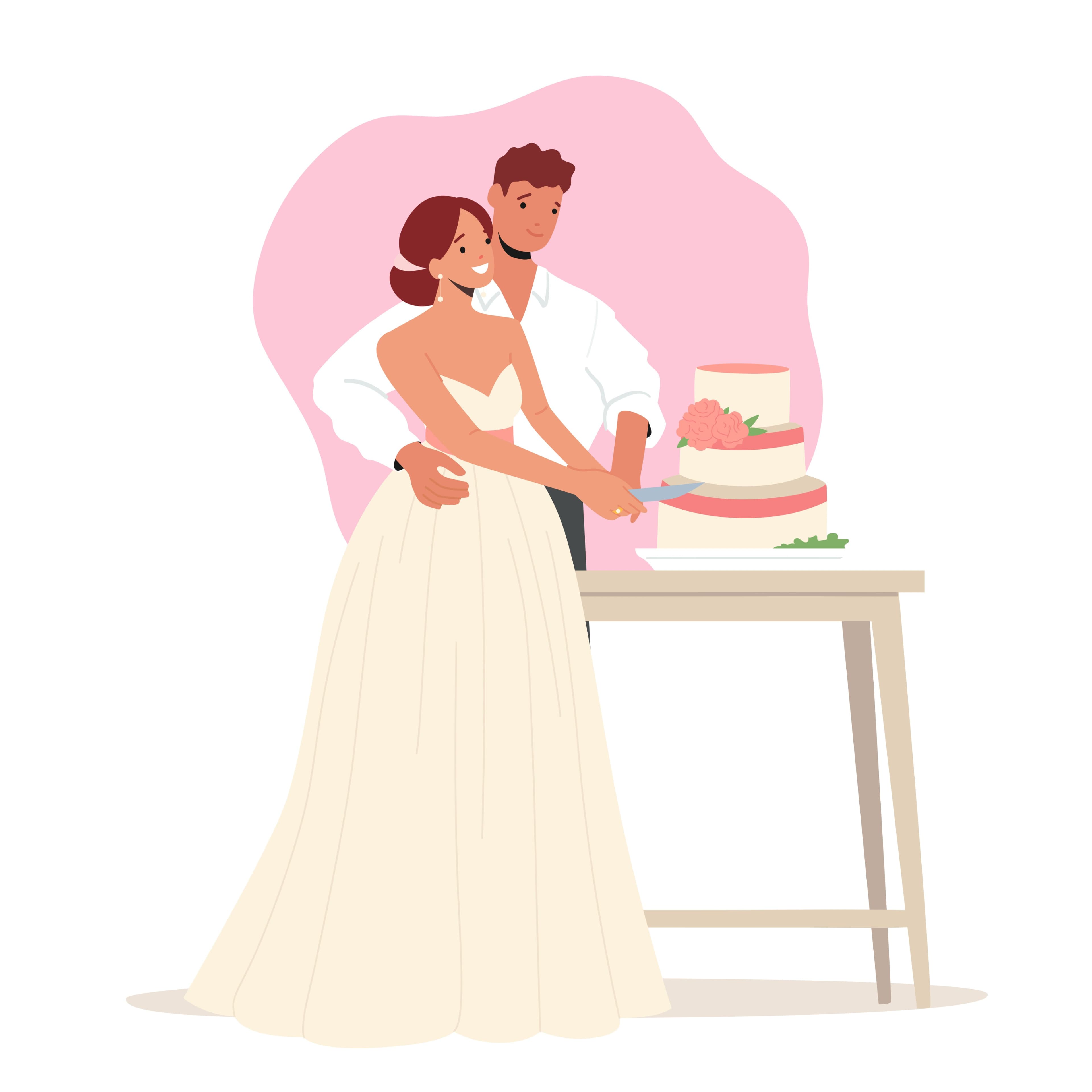 A bride and groom cutting their wedding cake
